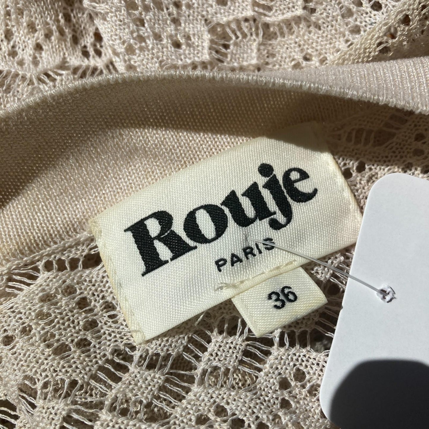 36 / S - Rouje Cream Beige Neutrals Stripe Lace Wide Neck Sweater 0915CS