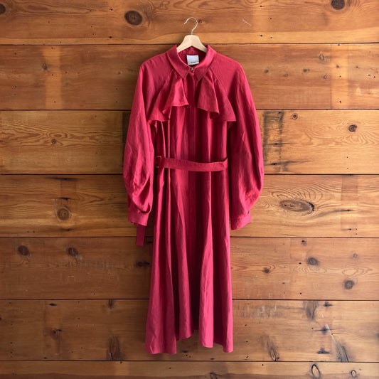 6 - Acler Red Linen Blend Long Sleeve Button Front Belted Dress 0916VB