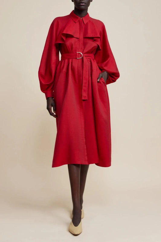 6 - Acler Red Linen Blend Long Sleeve Button Front Belted Dress 0916VB