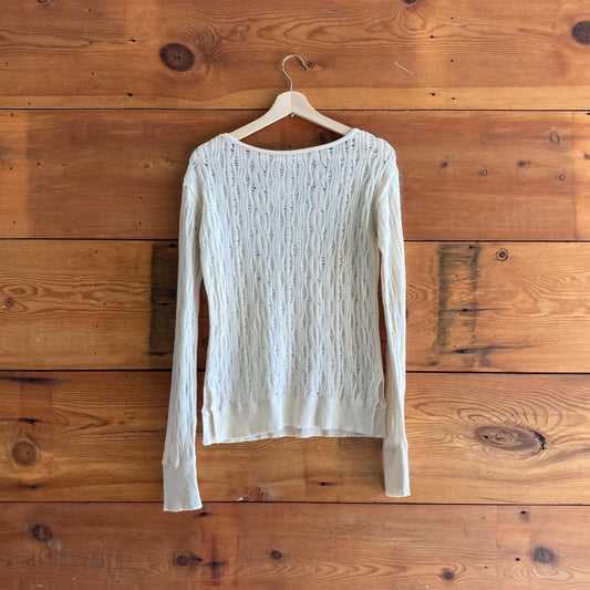 M - Inhabit Ivory White Crew Neck Long Sleeve Lace Knit Pullover Sweater 0721DK