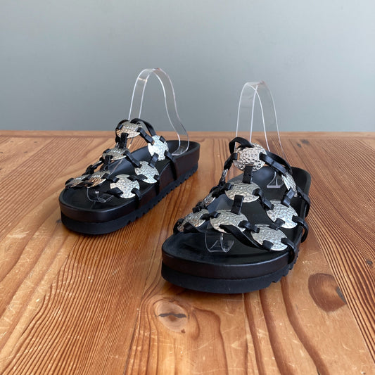 39.5 / 9.5 - STAUD Black Silver Hammered Metal Pucky Slide Sandals 0703TC