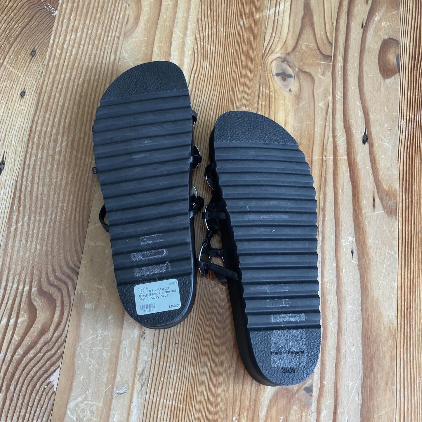 39.5 / 9.5 - STAUD Black Silver Hammered Metal Pucky Slide Sandals 0703TC