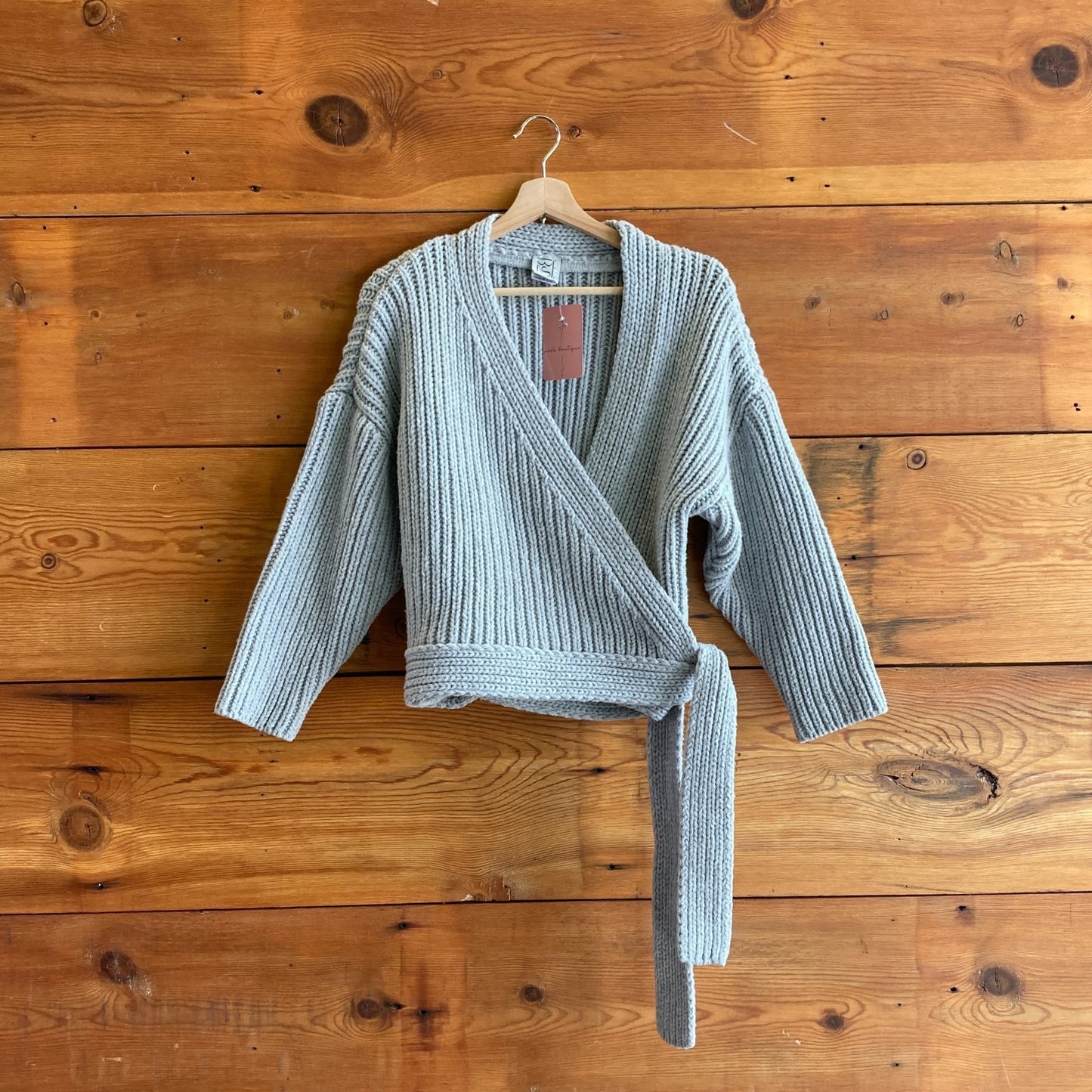 O/S - Baserange Gray Chunky Knit Ribbed Wrap Cropped Wool Sweater 0901CC