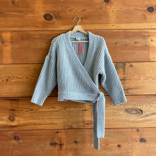 O/S - Baserange Gray Chunky Knit Ribbed Wrap Cropped Wool Sweater 0901CC