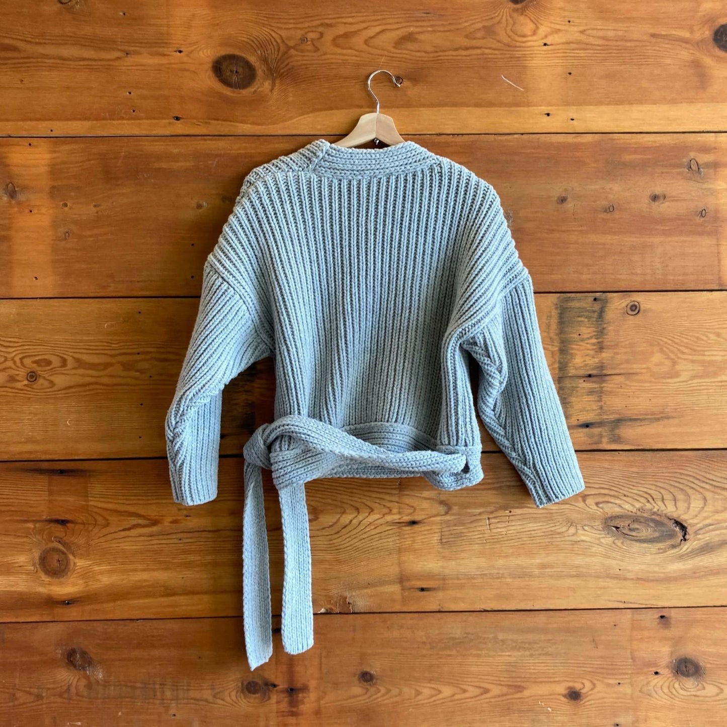 O/S - Baserange Gray Chunky Knit Ribbed Wrap Cropped Wool Sweater 0901CC