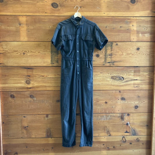 S - We the Free by Free People Black Wash Denim Short Sleeve Jumpsuit 1030SB