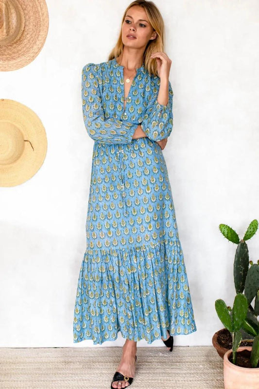XS - India Collection Emerson Fry Blue Block Print Long Sleeve Maxi Dress 0118AB