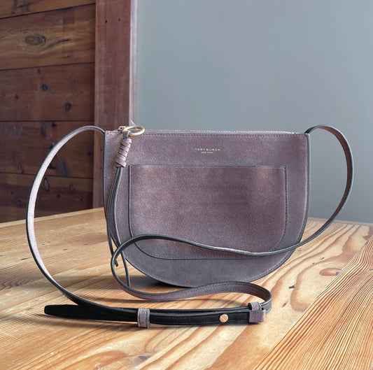 Tory Burch $328 Brown Suede Leather Top Zip Piper Saddle Crossbody Purse 0124KG