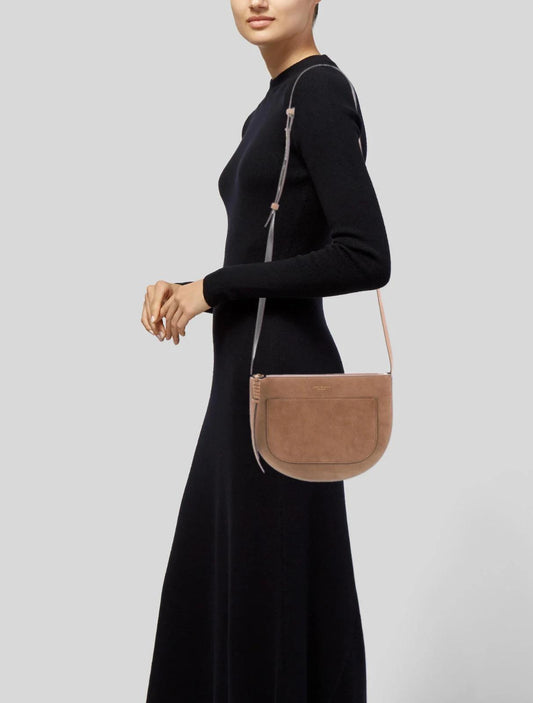 Tory Burch $328 Brown Suede Leather Top Zip Piper Saddle Crossbody Purse 0124KG
