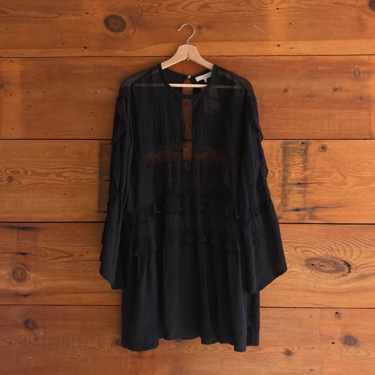36 FR / S - IRO Black Ruffle Tiered Lace Long Sleeve Silk Dress 1201SG