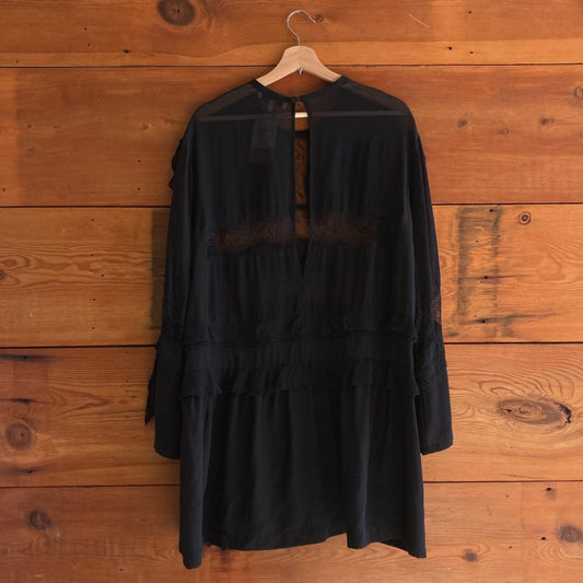 36 FR / S - IRO Black Ruffle Tiered Lace Long Sleeve Silk Dress 1201SG