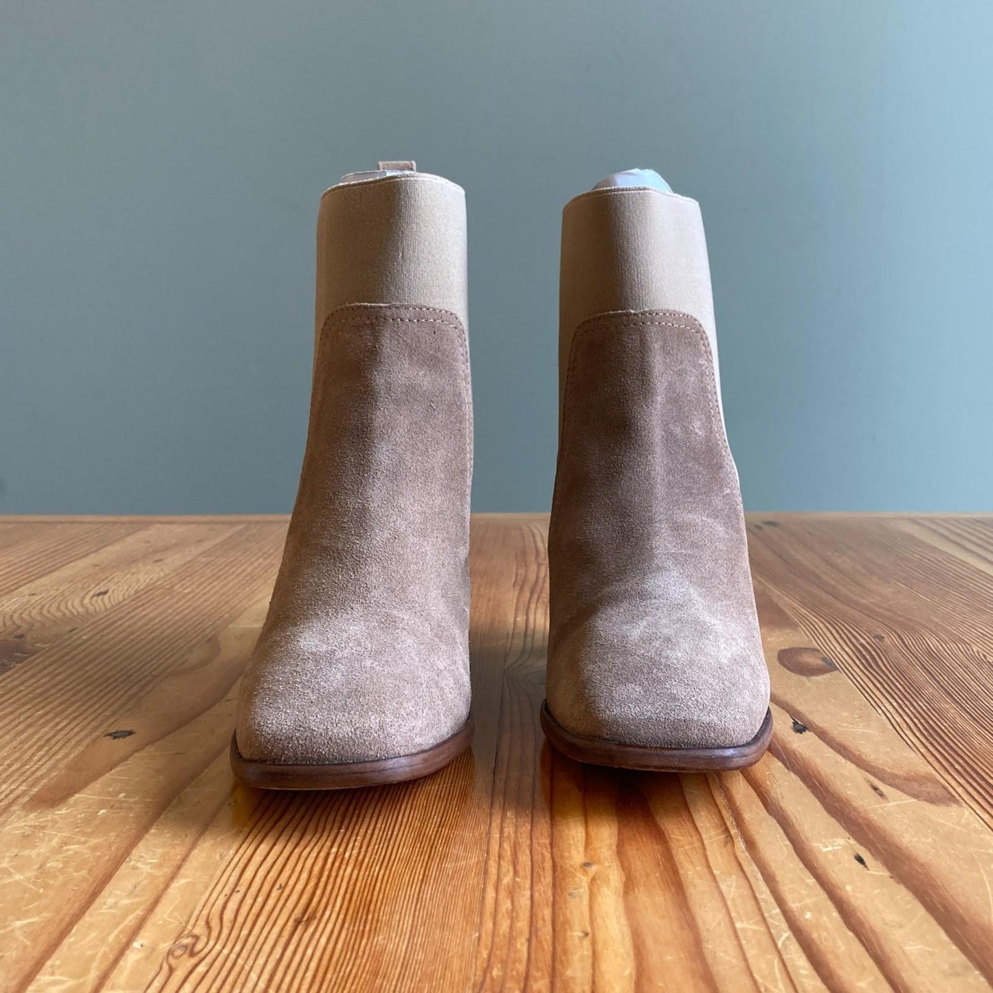 37 / 7 - Patina Taupe Suede Vero Square Toe Stacked Heel Boots NEW w/ Box 0206RN