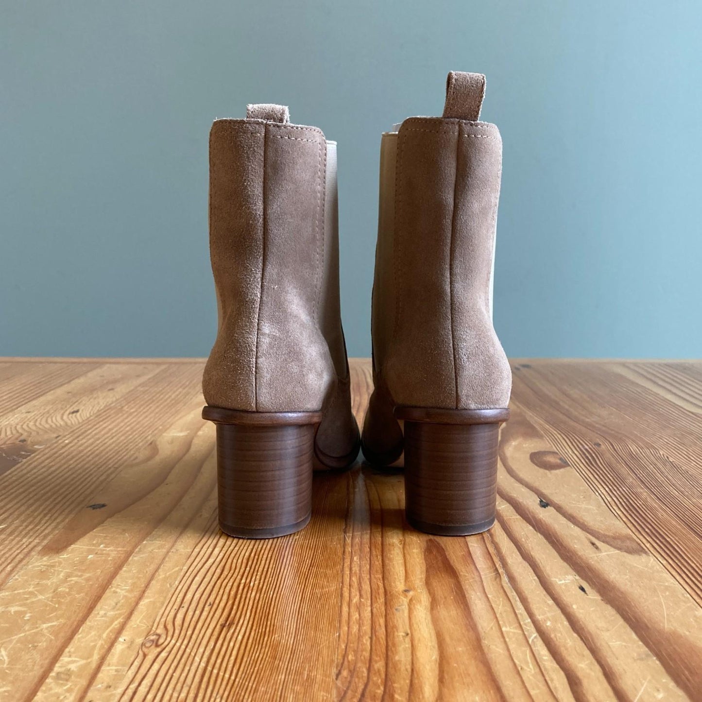 37 / 7 - Patina Taupe Suede Vero Square Toe Stacked Heel Boots NEW w/ Box 0206RN