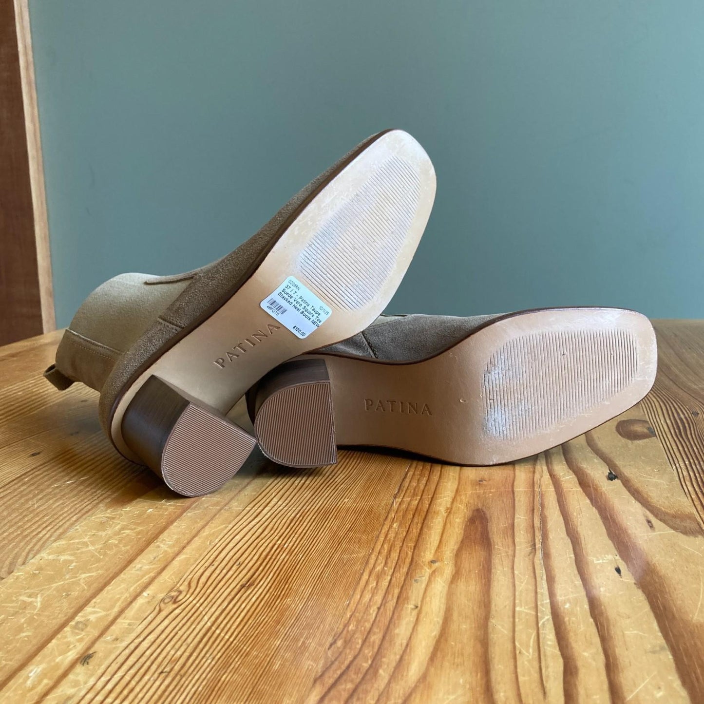 37 / 7 - Patina Taupe Suede Vero Square Toe Stacked Heel Boots NEW w/ Box 0206RN