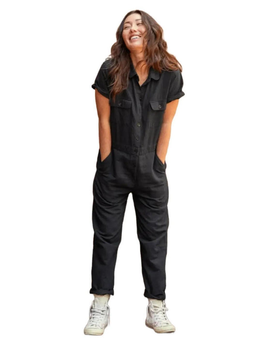 XS - Outerknown Black Button Front Short Sleeve Womens S.E.A. Jumpsuit 1209TT