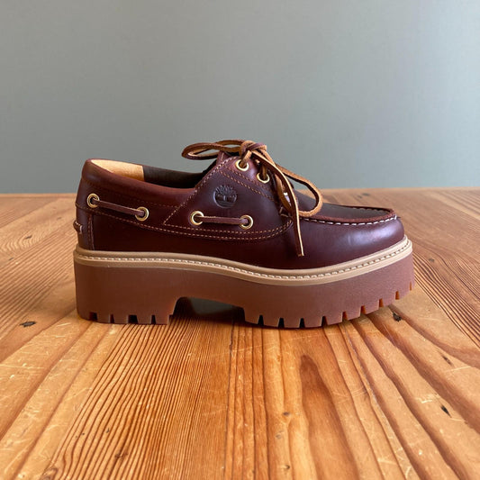 6 - Timberland $130 Brown Leather Platform Stone Street Boat Shoes NEW 0312IG