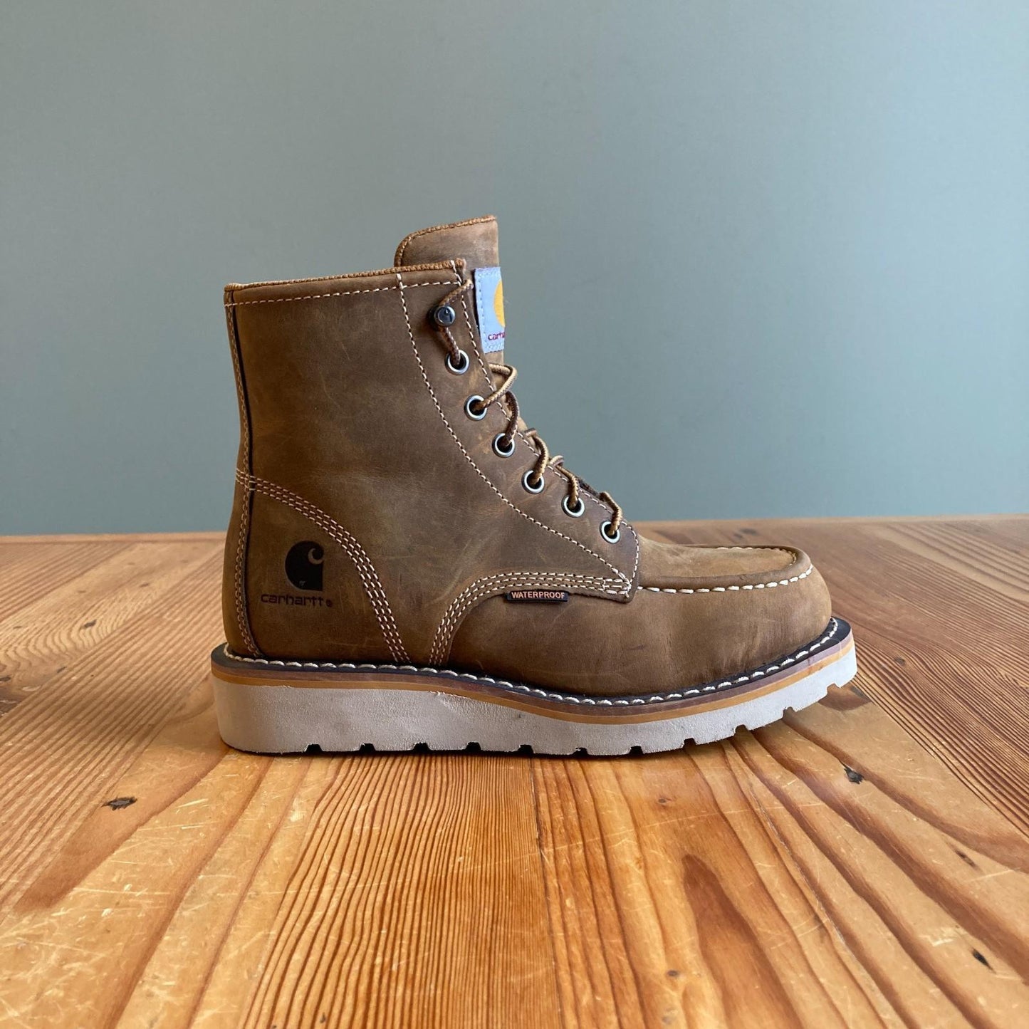 6.5 - Carhartt $160 Brown Leather Work Wedge Lace Up Moc Toe Boots NEW 0312IG
