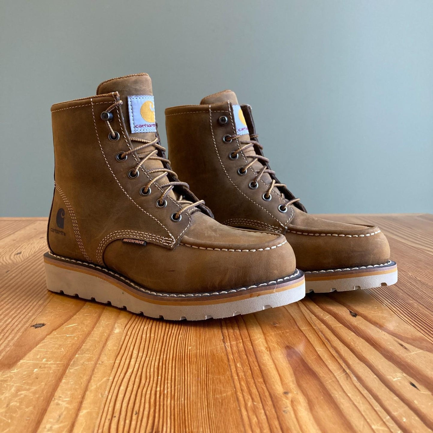 6.5 - Carhartt $160 Brown Leather Work Wedge Lace Up Moc Toe Boots NEW 0312IG