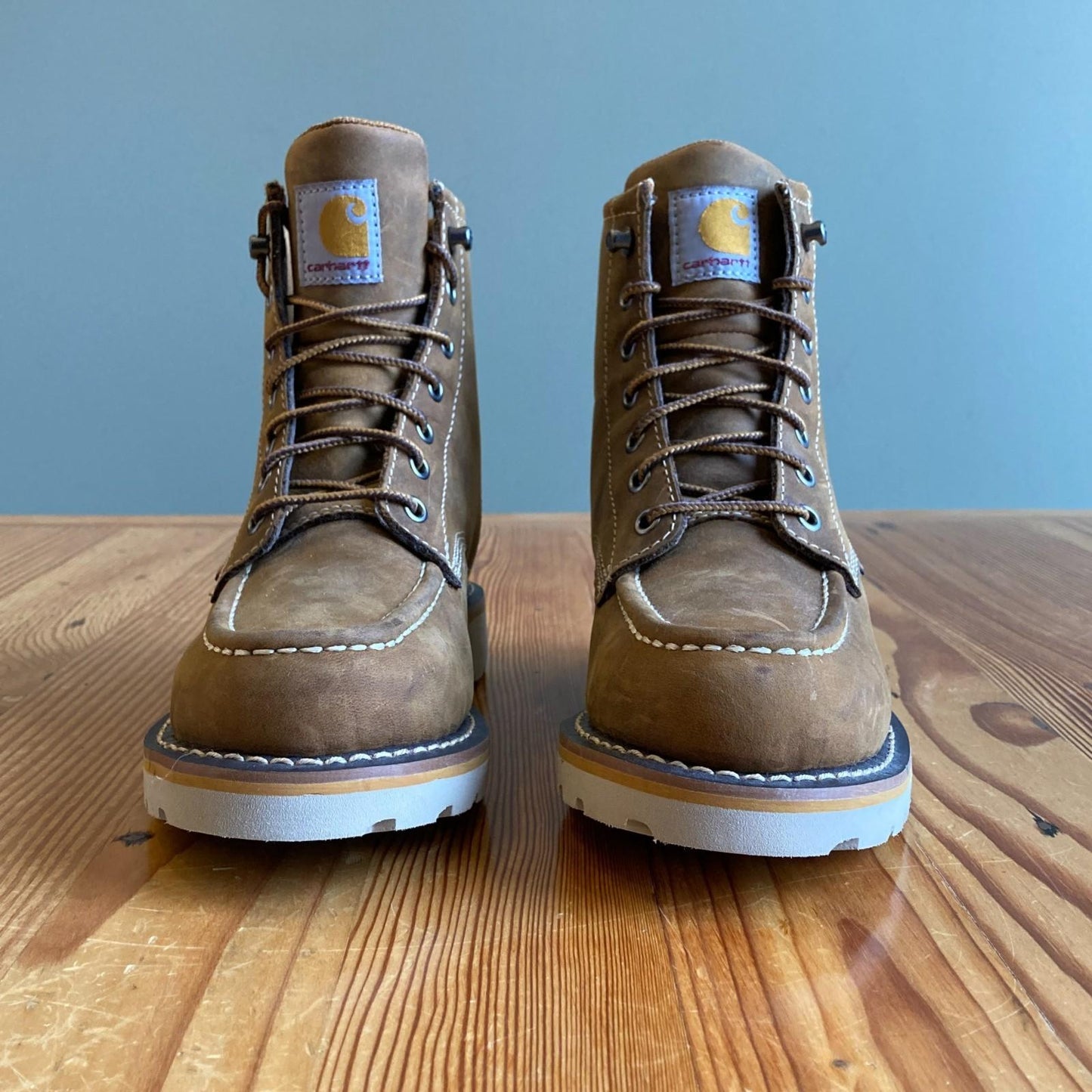 6.5 - Carhartt $160 Brown Leather Work Wedge Lace Up Moc Toe Boots NEW 0312IG