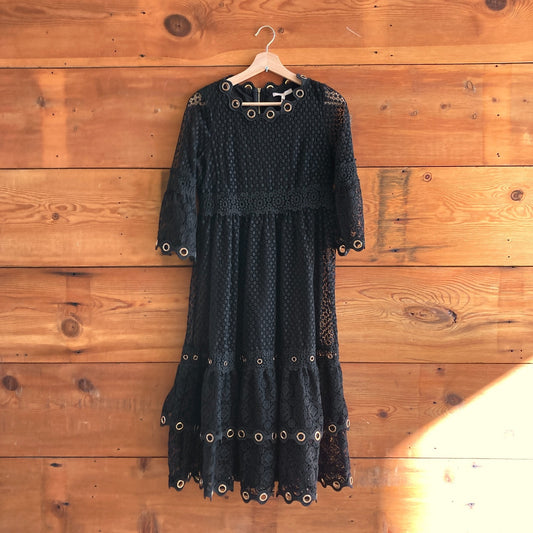 3 / L - Maje Black Lace Roso Tiered Eyelet-Embellished Guipure Dress 0916VB