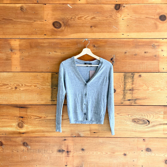 L - Theory Gray V-Neck Cardigan Regal Wool Button Front Sweater 0617RF