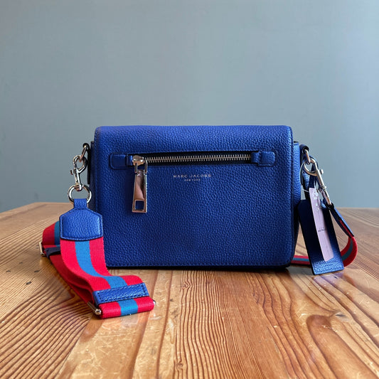 Marc Jacobs Blue Pebbled Leather Canvas Strap Crossbody Purse Bag 0919LF