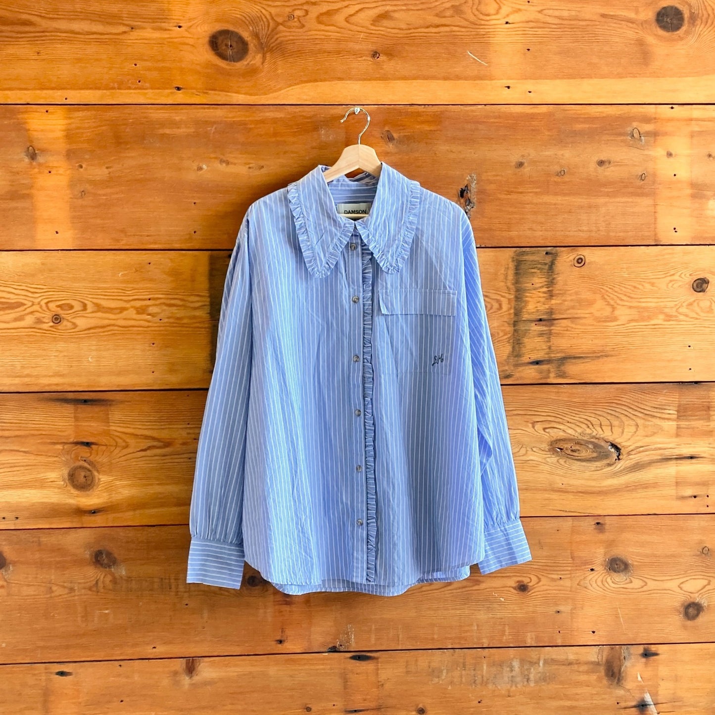 16 UK / 12 US - Damson Madder Blue Stripe Button Up Kendall Ruffle Shirt 0720LP