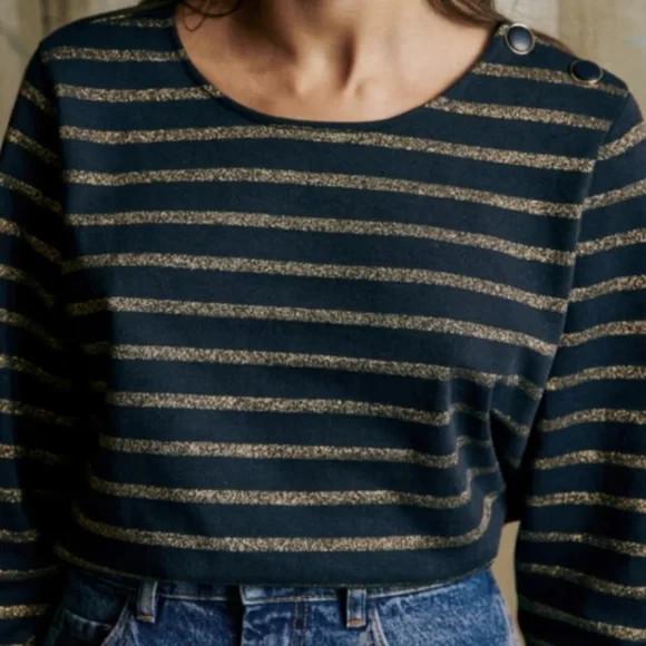 XS - Sezane Navy Blue & Gold Stripe Long Sleeve Colette Mariniere Shirt 0208KS