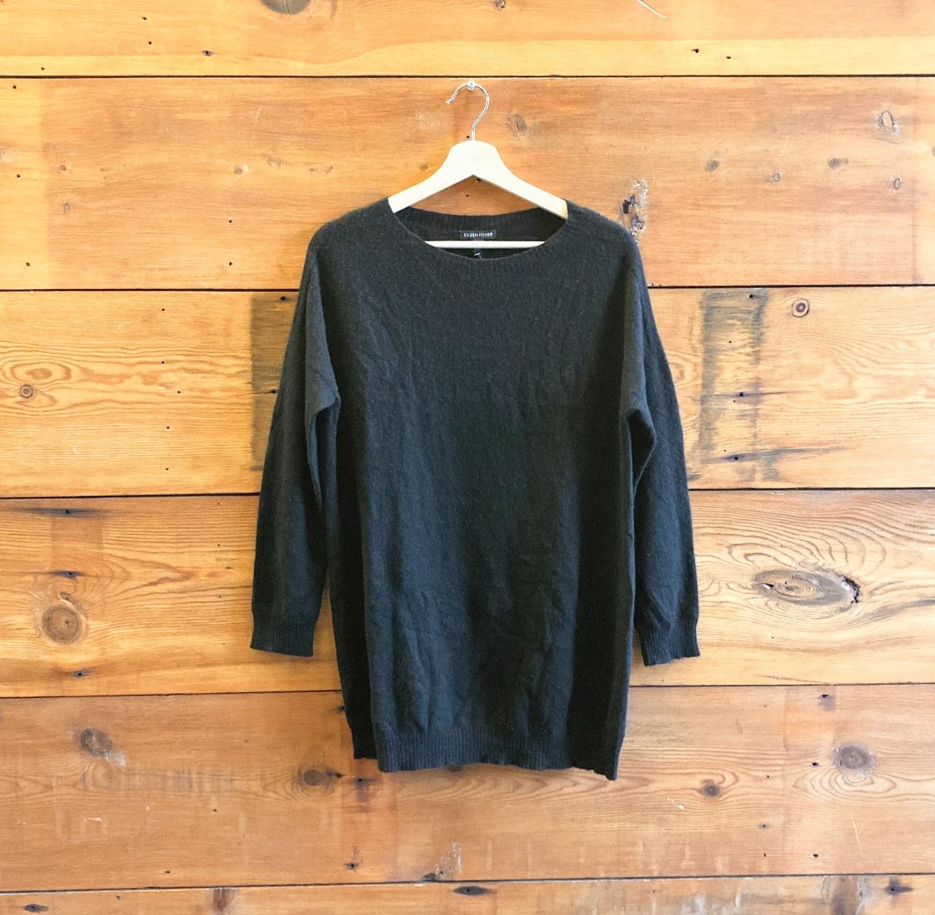 S - Eileen Fisher Black Scoop Neck 100% Cashmere Long Sweater 0721DK
