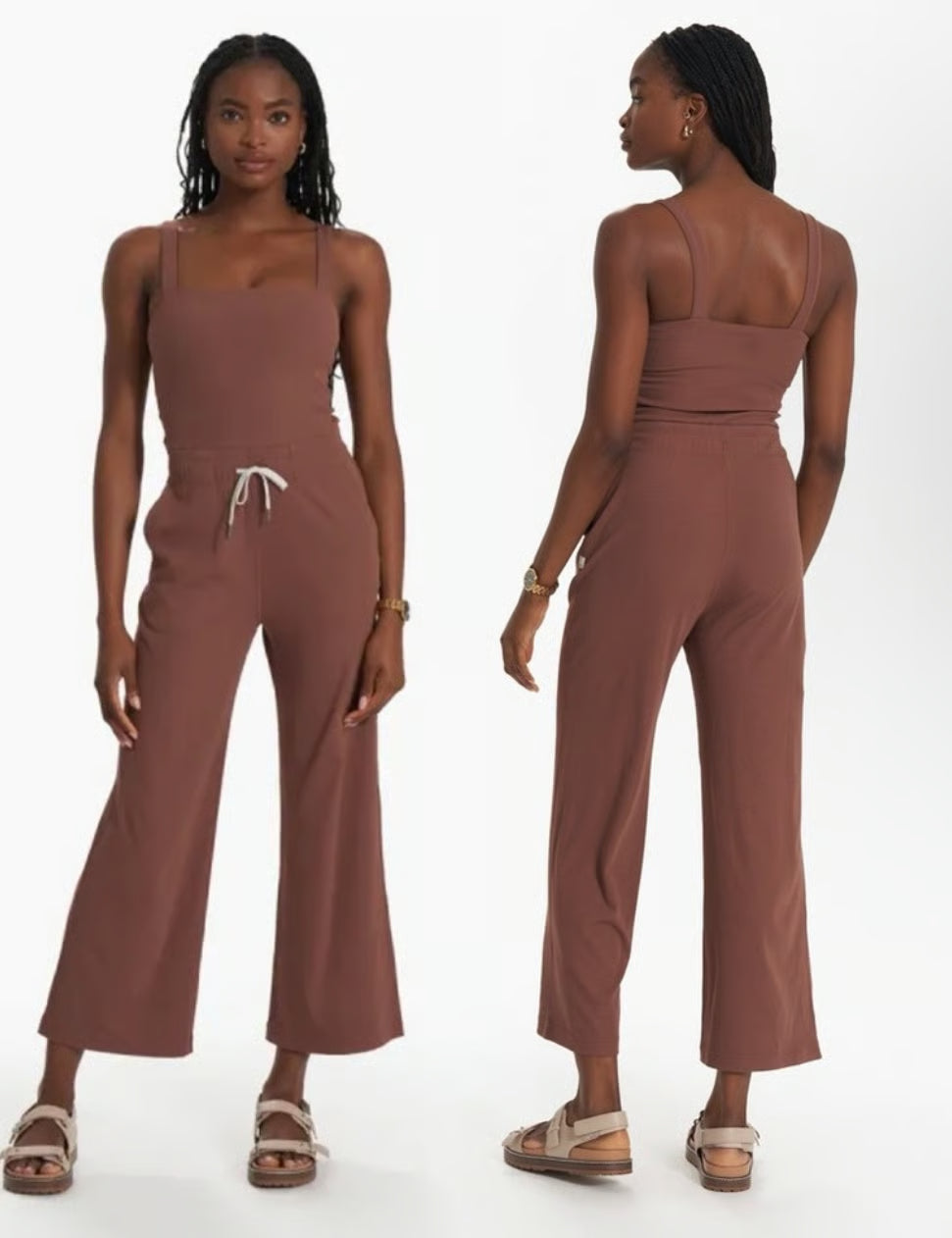 S - Vuori $148 Brown Ribbed Knit Pose Scoop Neck Tie Waist Jumpsuit 0622KS