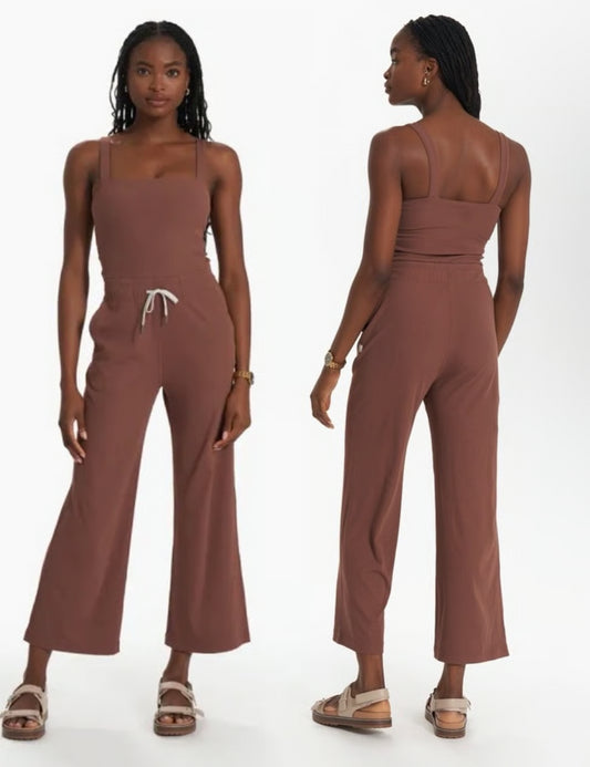 S - Vuori $148 Brown Ribbed Knit Pose Scoop Neck Tie Waist Jumpsuit 0622KS