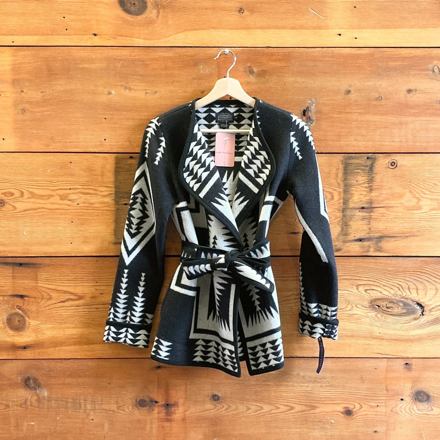 XXS - Pendleton Black & White Patterned Wool Belted Blanket Jacket Coat 0517DS