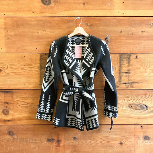 XXS - Pendleton Black & White Patterned Wool Belted Blanket Jacket Coat 0517DS