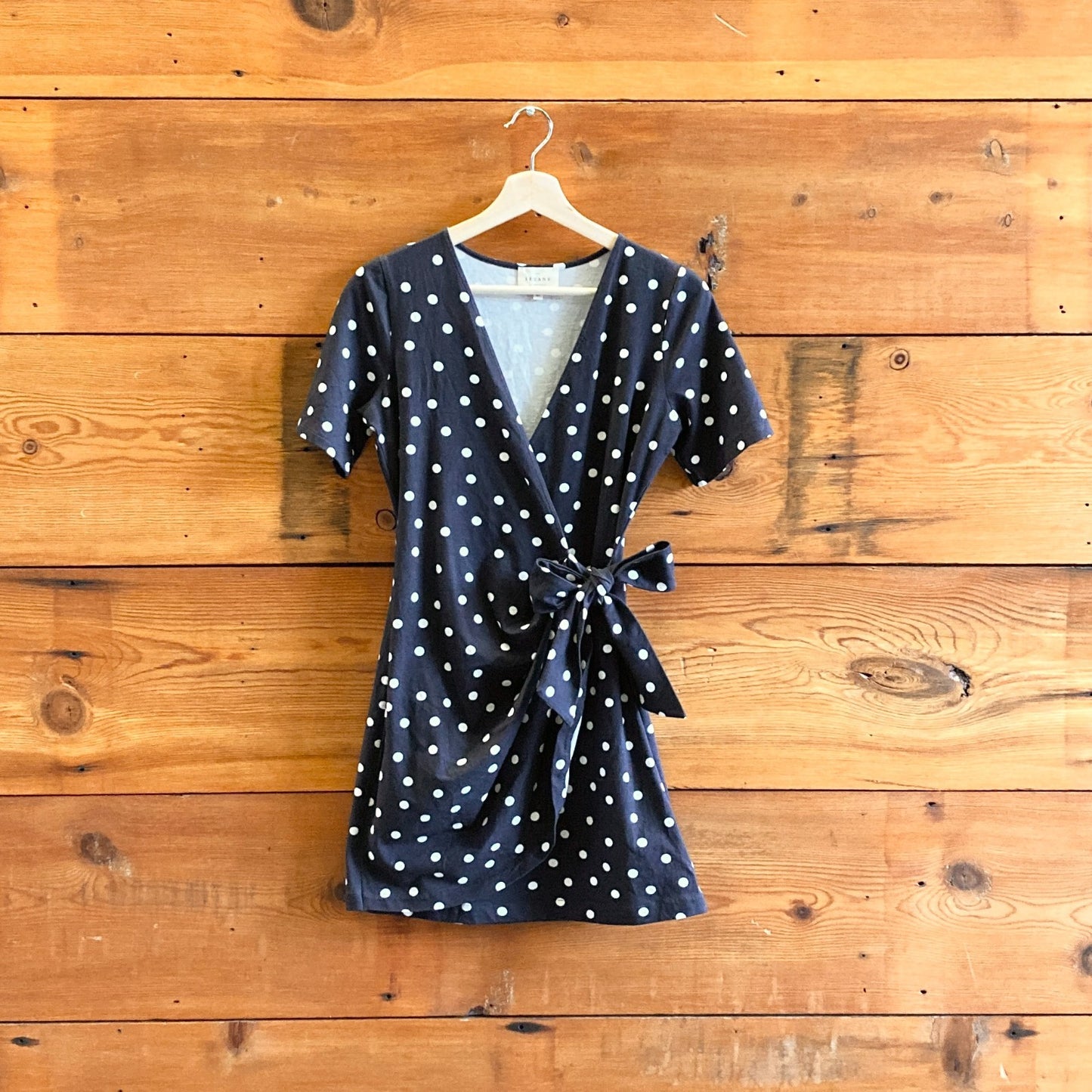 XS - Sezane Navy Blue White Polka Dot Faux-Wrap Horia Mini Dress 0312IG