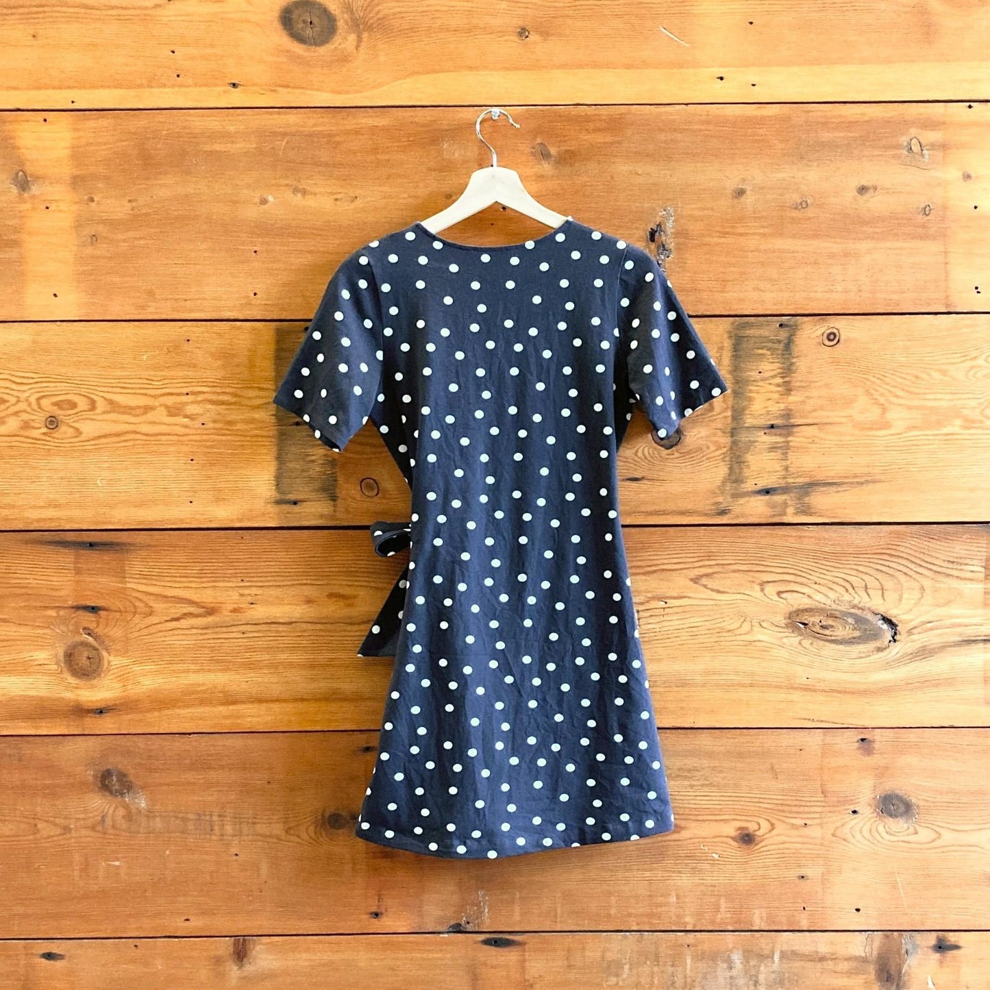 XS - Sezane Navy Blue White Polka Dot Faux-Wrap Horia Mini Dress 0312IG