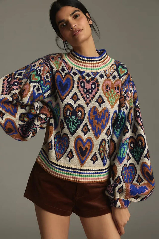 S - Farm Rio Multi Color Print NEW $230 Hearts Ikat Cream Knit Sweater 0102AV