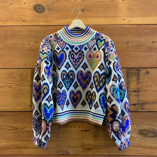 S - Farm Rio Multi Color Print NEW $230 Hearts Ikat Cream Knit Sweater 0102AV
