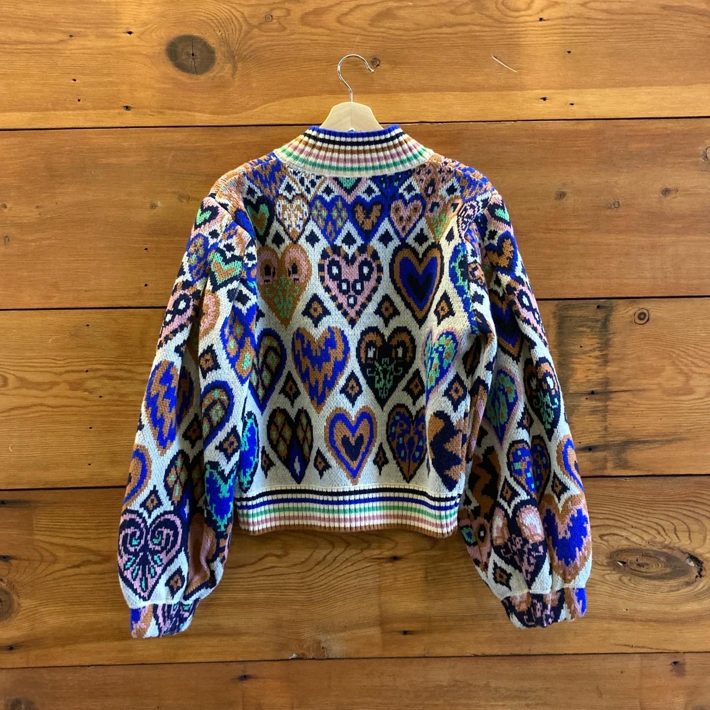 S - Farm Rio Multi Color Print NEW $230 Hearts Ikat Cream Knit Sweater 0102AV