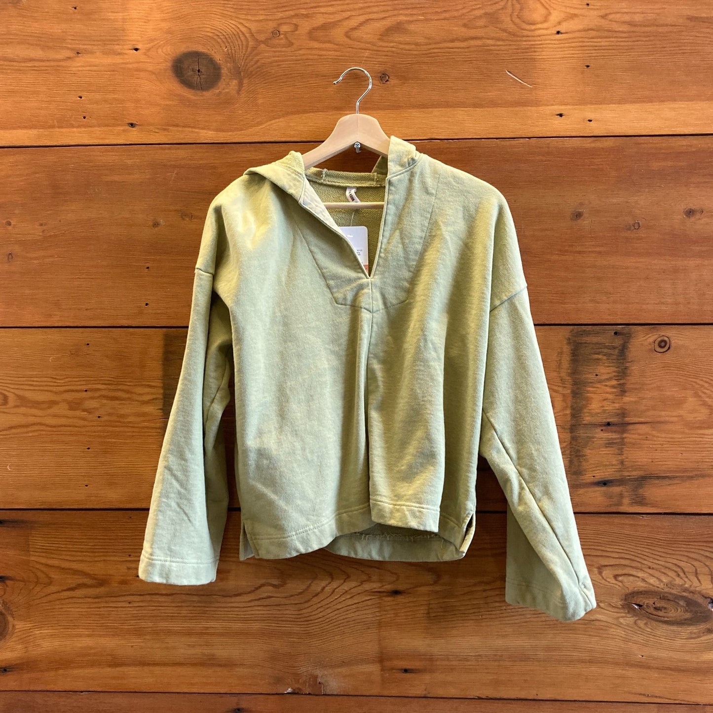 S - Ilana Kohn Celery Green Hooded V Neck Pullover Terry Sweatshirt 0606RO