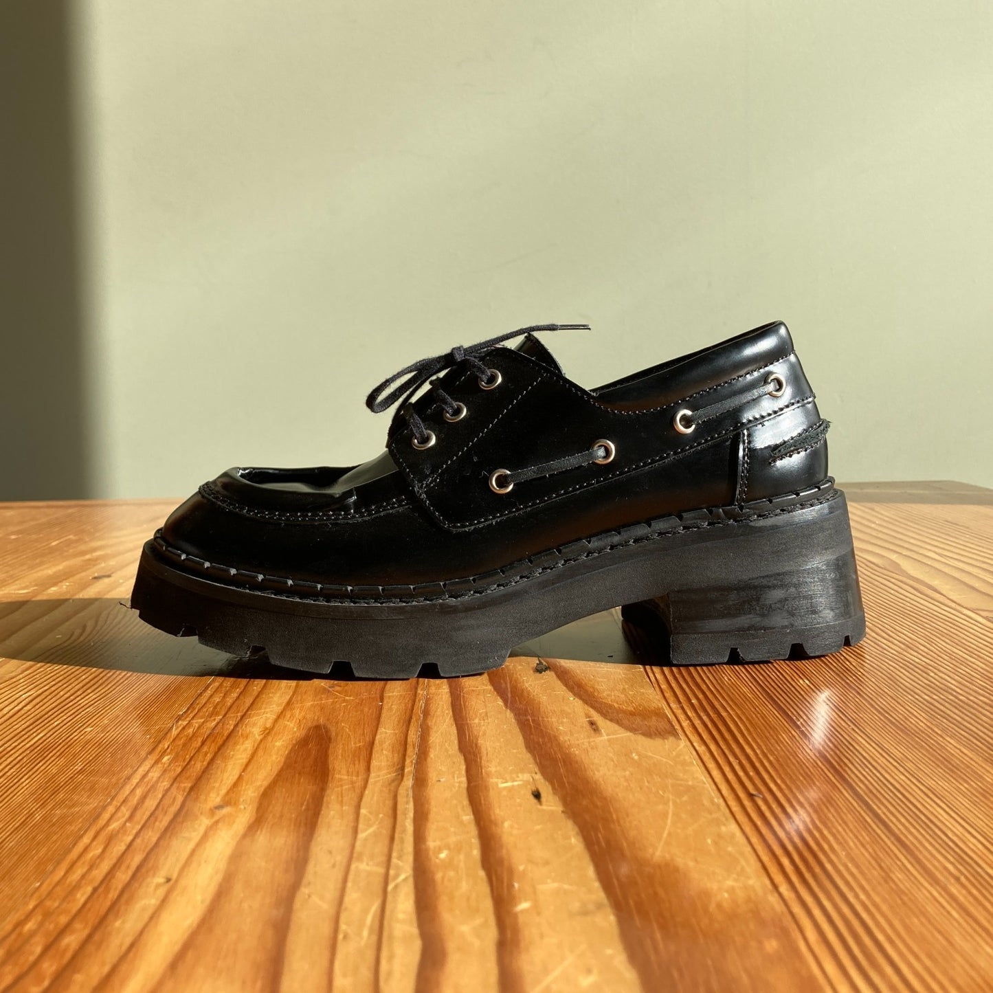 39 / 9 - By Far $285 Black Glossed Leather Stanley Platform Loafers Shoes 1030SF