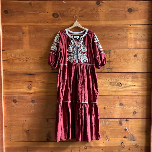 M - by Anthropologie Burgundy Gretel Embroidered Peasant Maxi Dress 0106KA