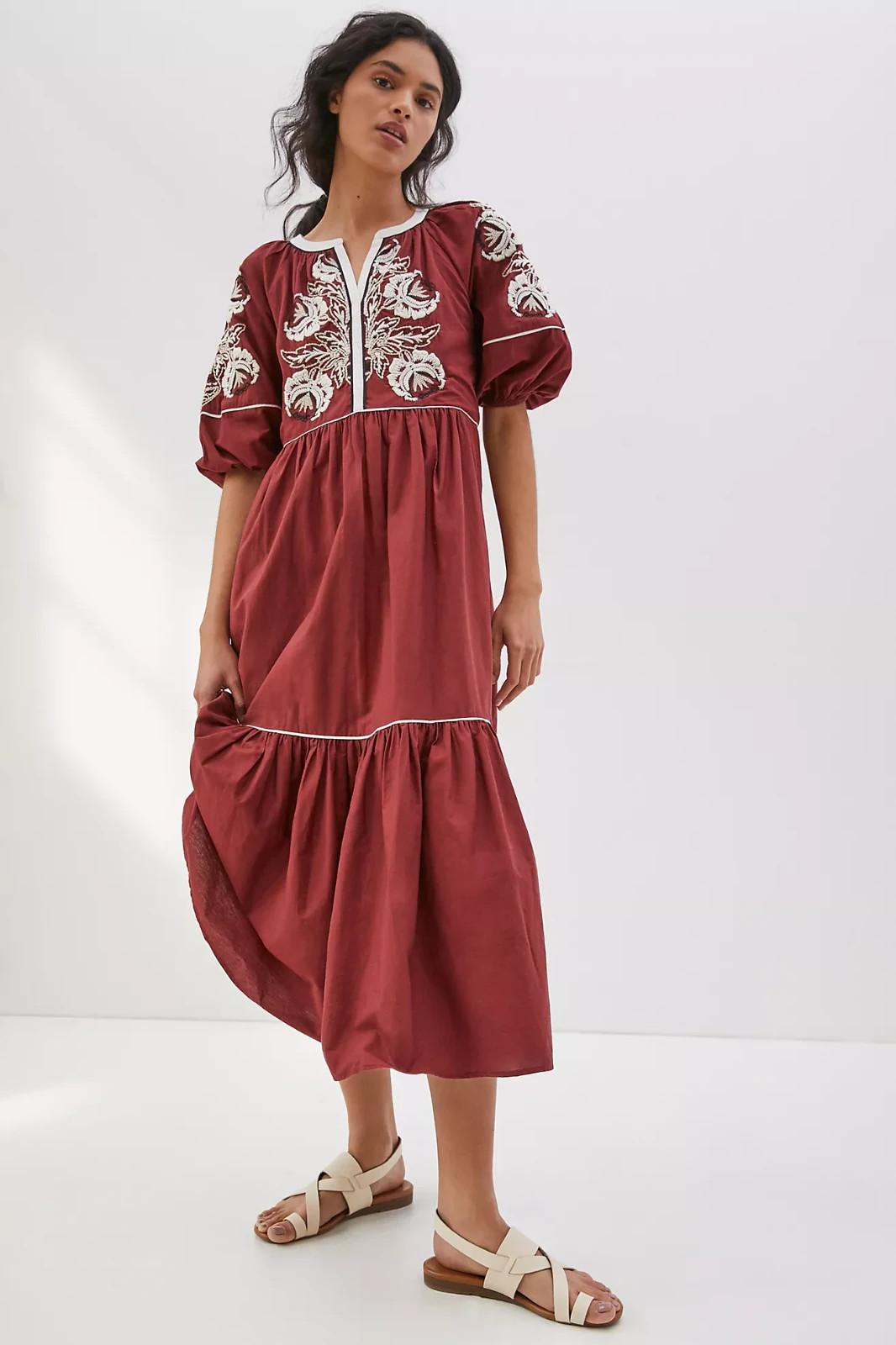 M - by Anthropologie Burgundy Gretel Embroidered Peasant Maxi Dress 0106KA