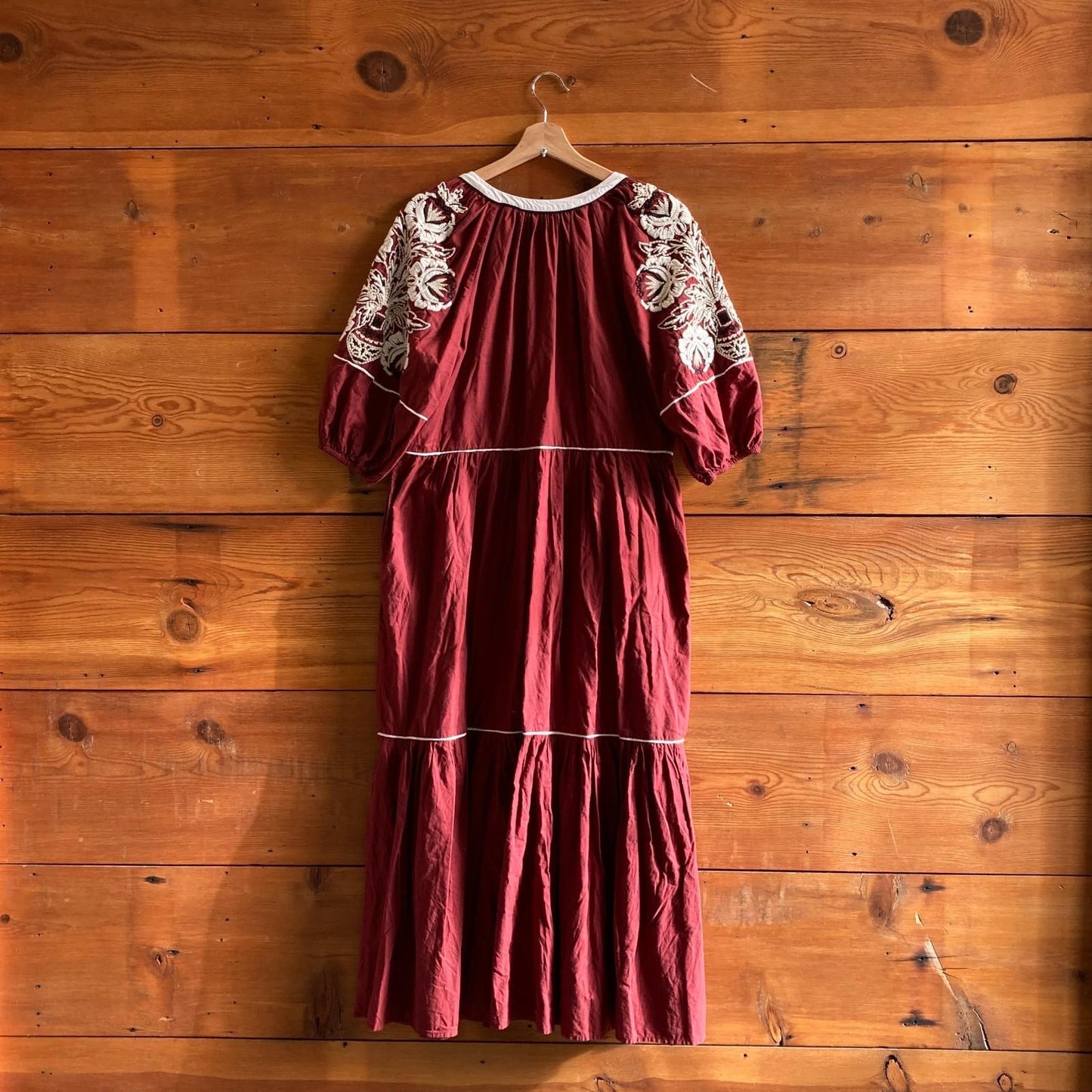 M - by Anthropologie Burgundy Gretel Embroidered Peasant Maxi Dress 0106KA