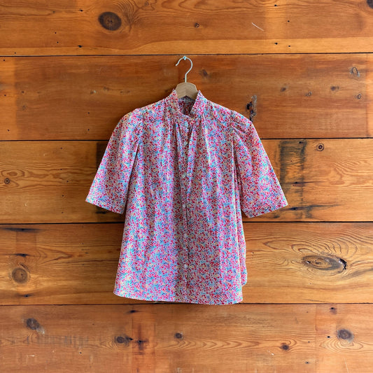 M - Alix of Bohemia Red Floral Print Short Sleeve Blouse Button Up Top 0419NR