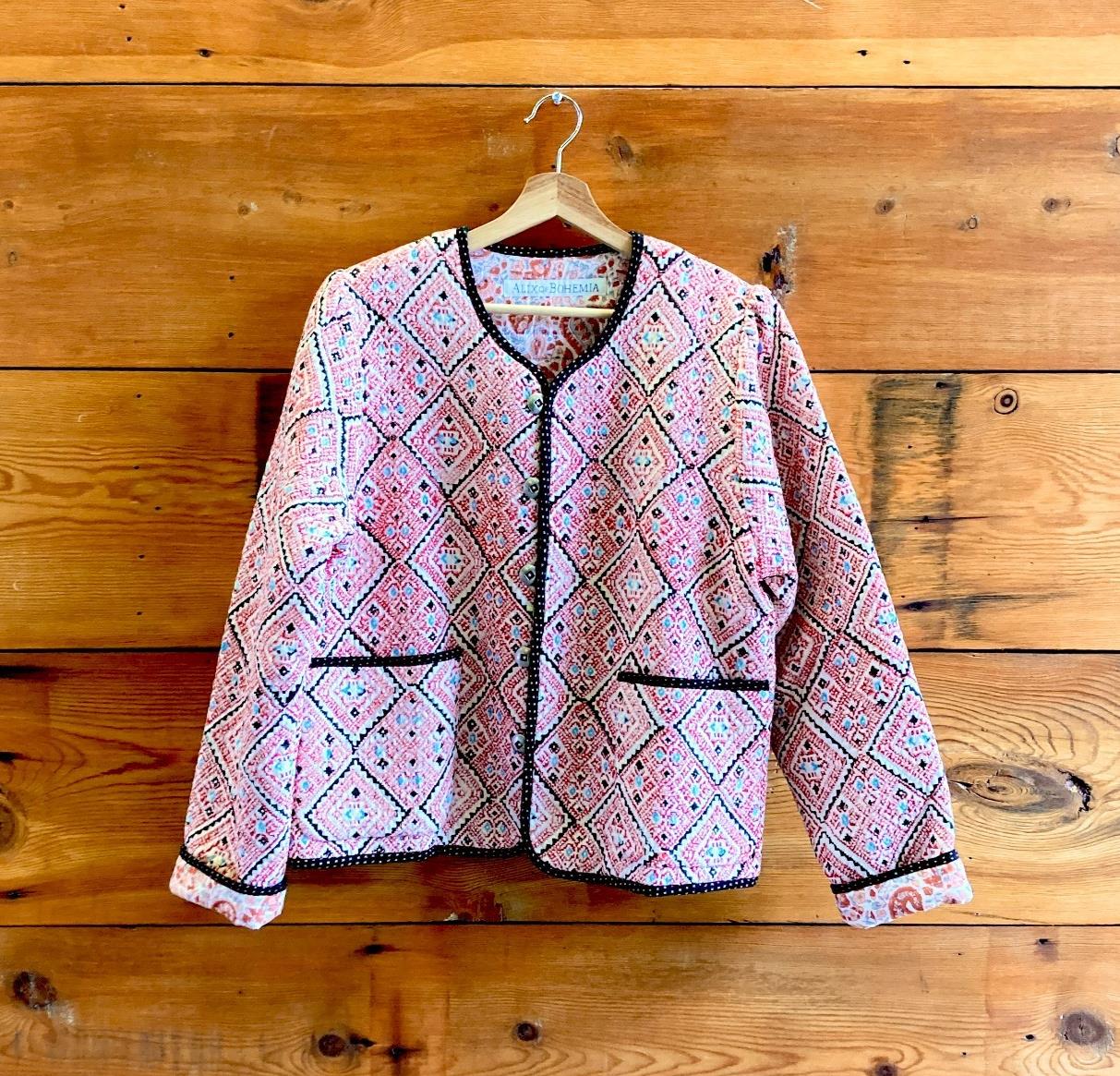 M - Alix of Bohemia Red Patterned Hand Painted Quilted Blanket Jacket 0419NR