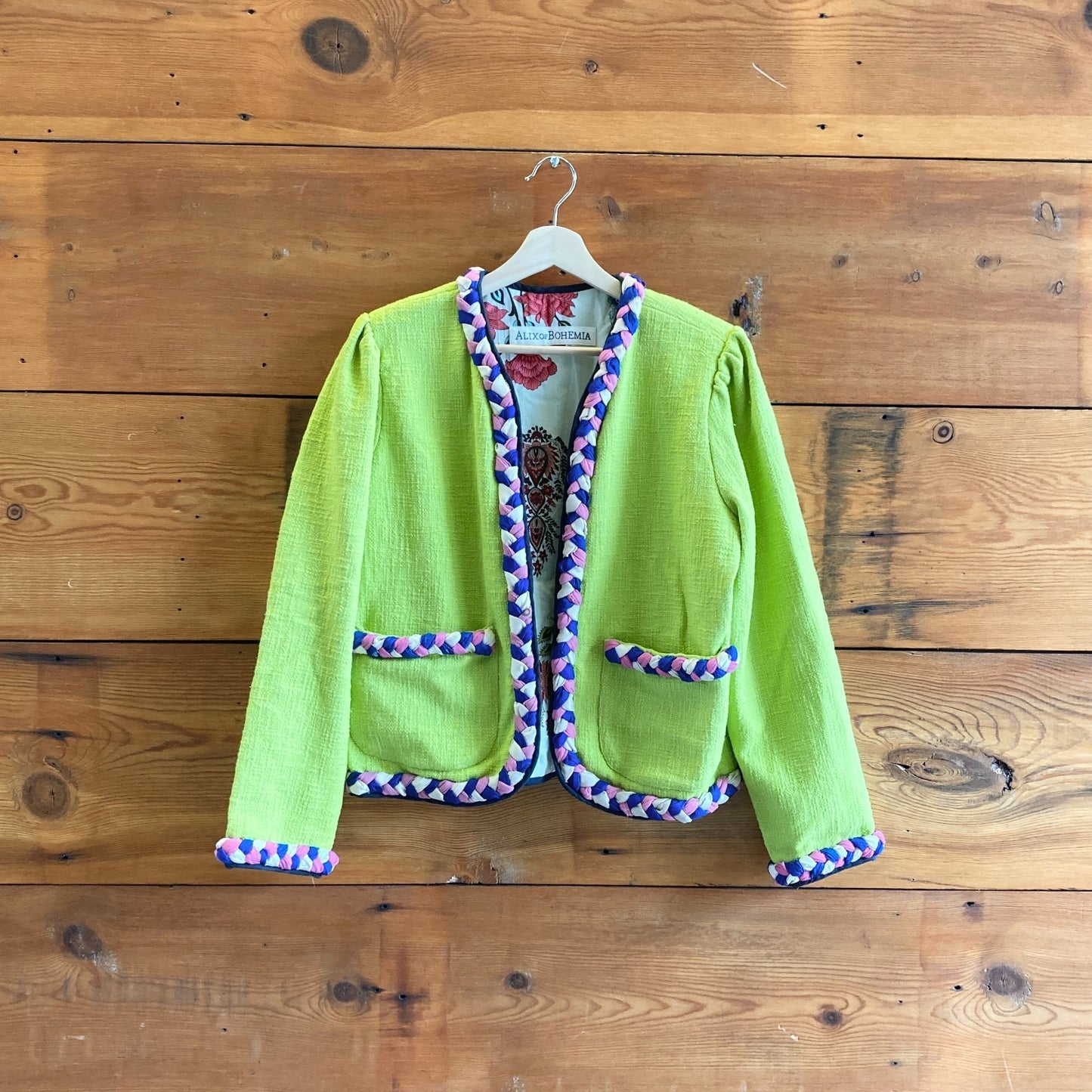 M - Alix of Bohemia $1280 Acid Green Marilou Braided Trim Cotton Jacket 0419NR