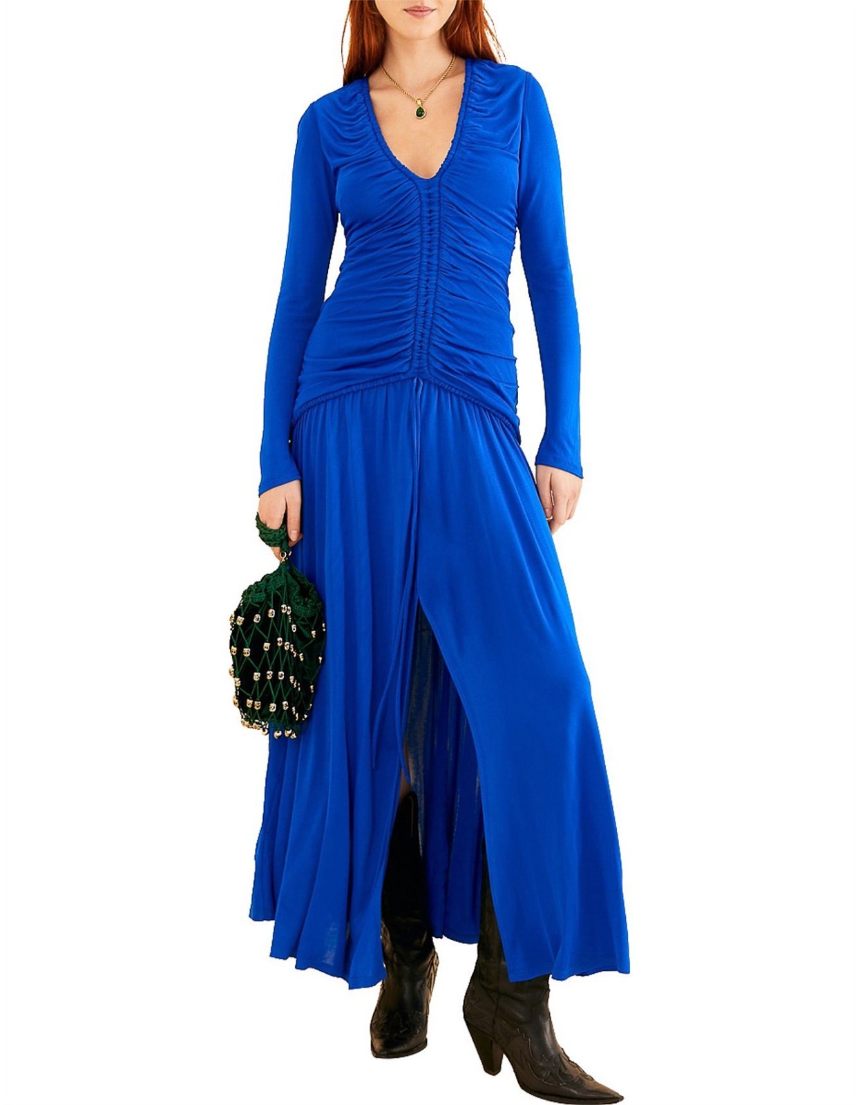 M - Farm Rio $240 Bright Blue Neckline Ruched Long Sleeve Midi Dress NEW 0626ME