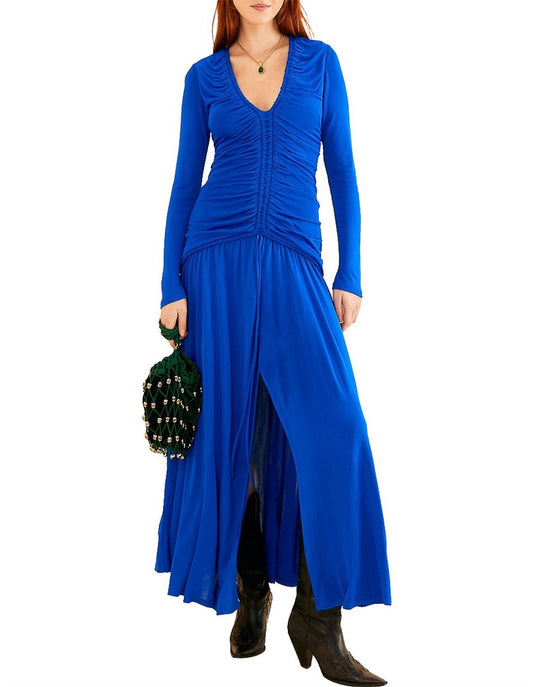 M - Farm Rio $240 Bright Blue Neckline Ruched Long Sleeve Midi Dress NEW 0626ME