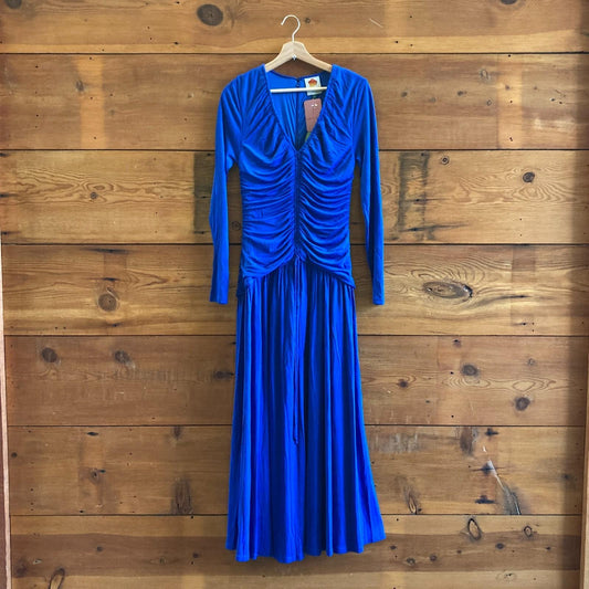 M - Farm Rio $240 Bright Blue Neckline Ruched Long Sleeve Midi Dress NEW 0626ME