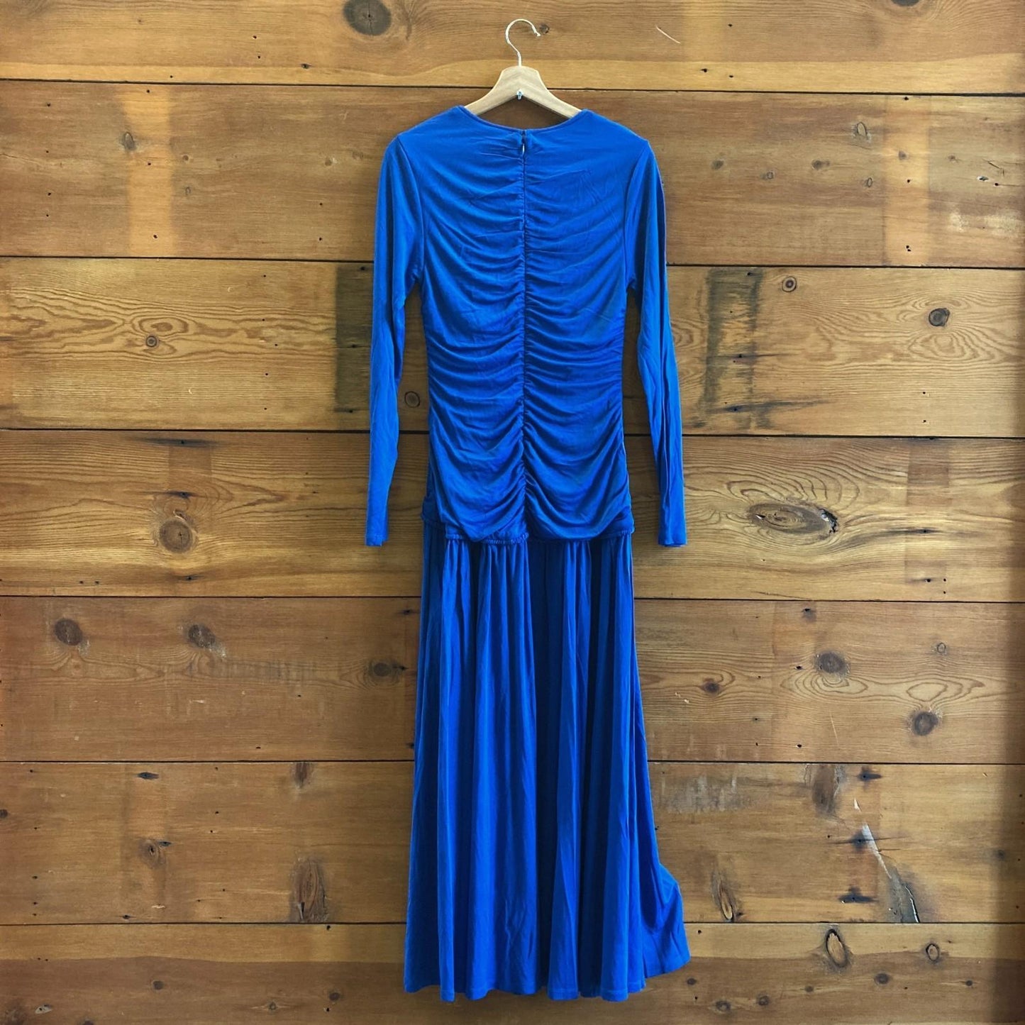 M - Farm Rio $240 Bright Blue Neckline Ruched Long Sleeve Midi Dress NEW 0626ME